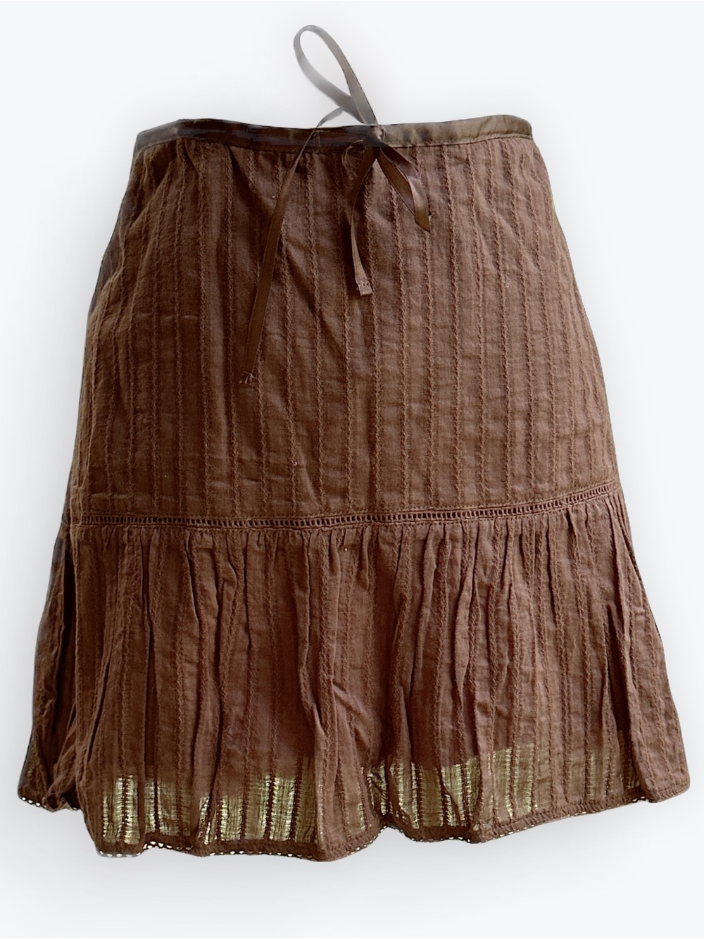 90 Y2K Feminine Romantic Dark Academia Chocolate Brown Lacy Tiered Mini Skirt ~L